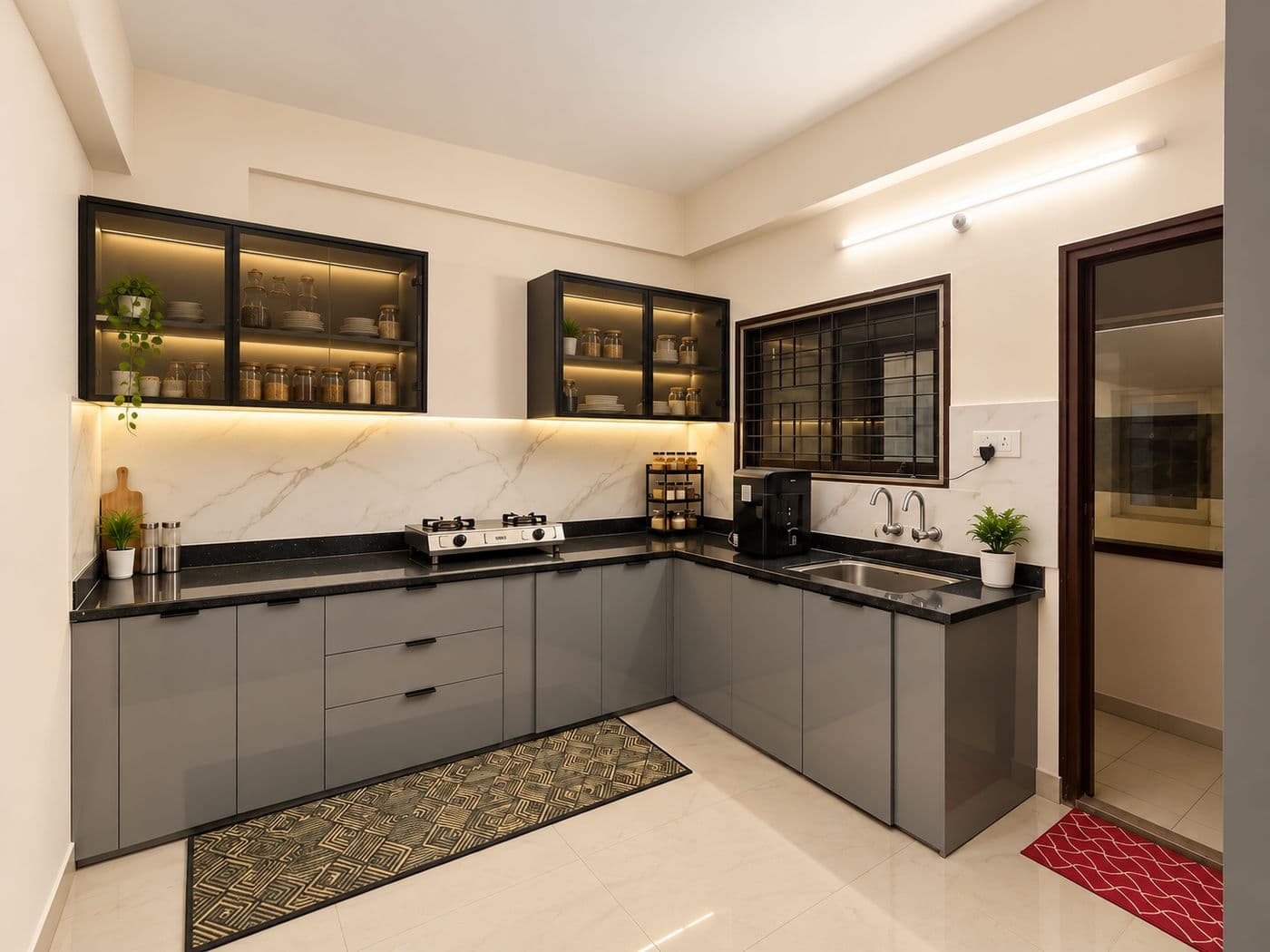 L-shaped modular kitchen with grey cabinets and black glass loft units