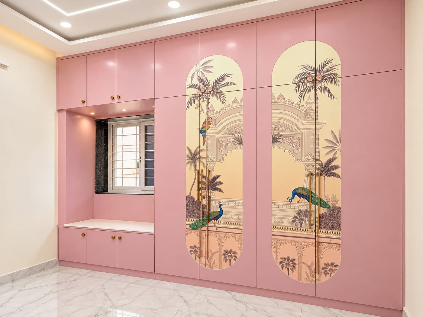 Pink wardrobe wall with printed glass panels and a window niche