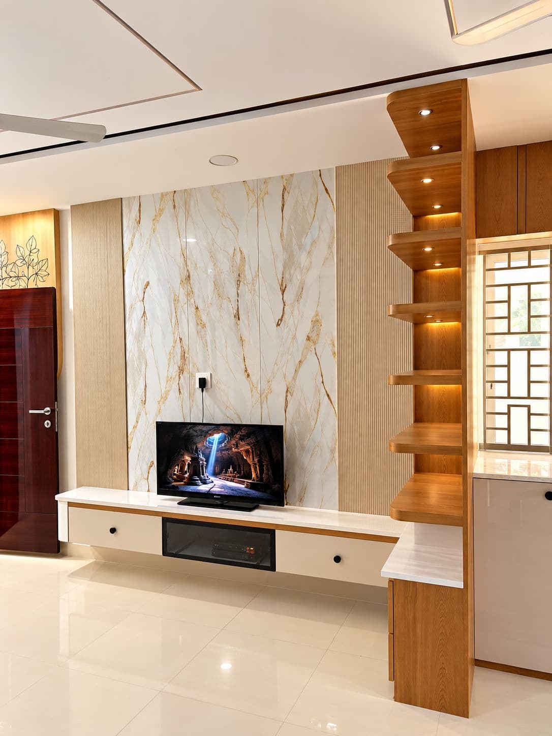 Stone feature wall with lit shelving and a floating TV unit
