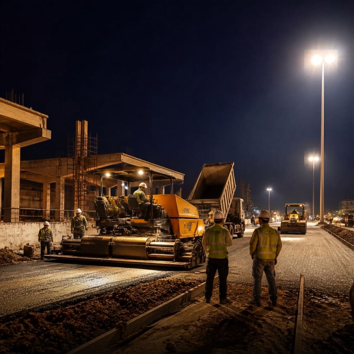 Road paving under floodlights at night