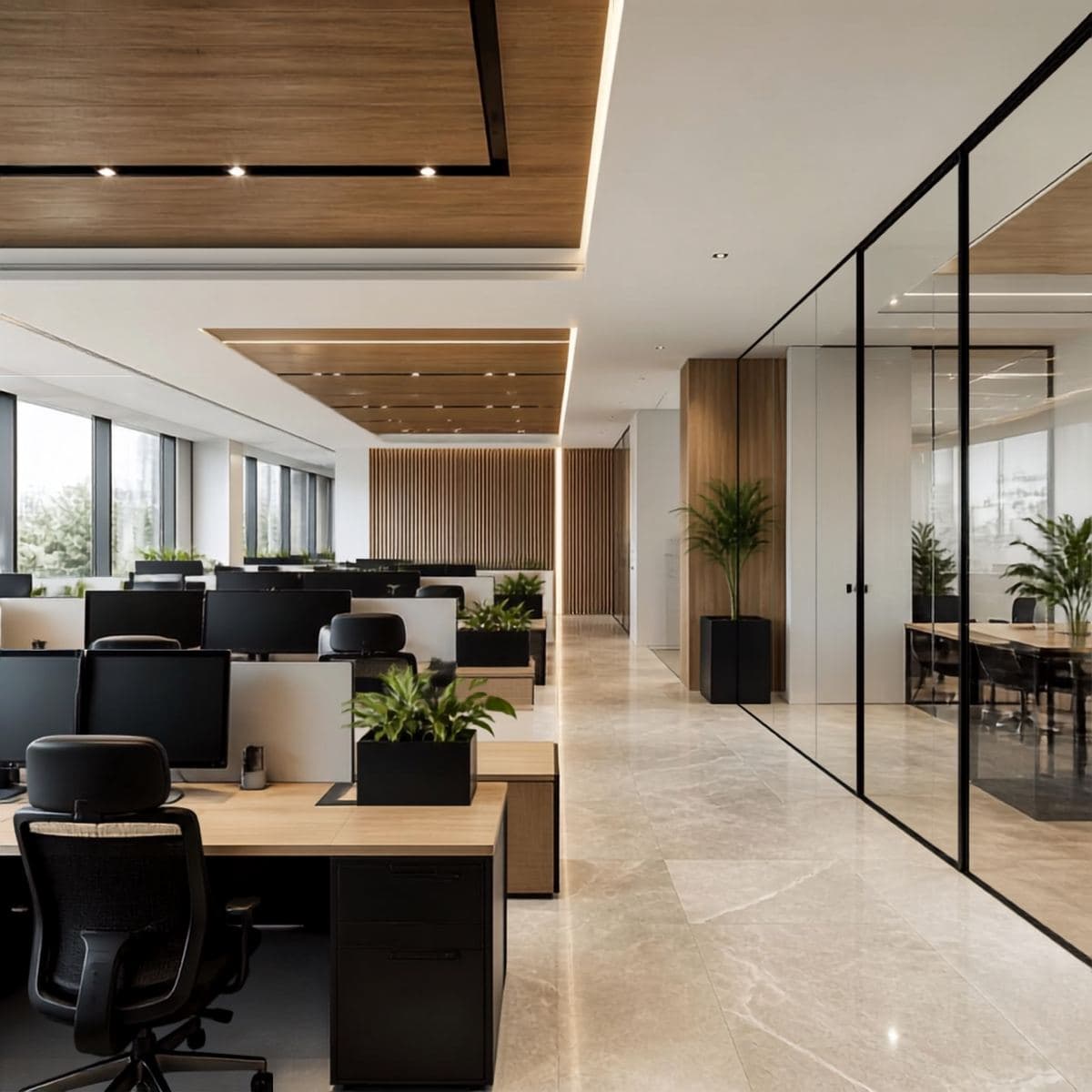 Open-plan office with workstations and a timber ceiling