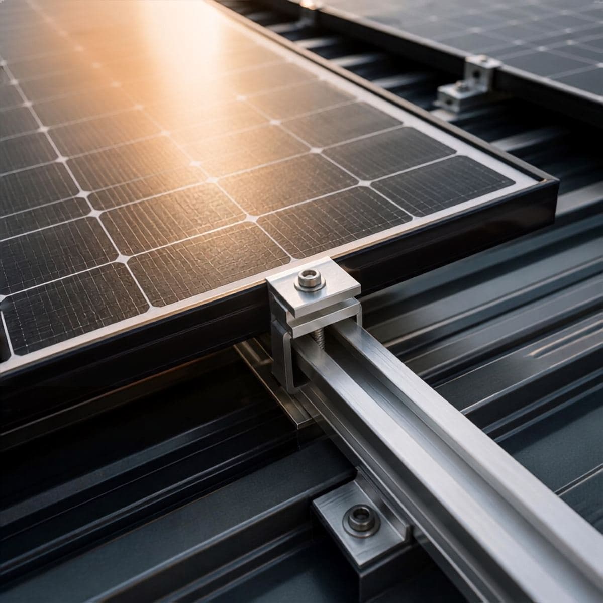 Close-up of a solar panel clamped to a mounting rail