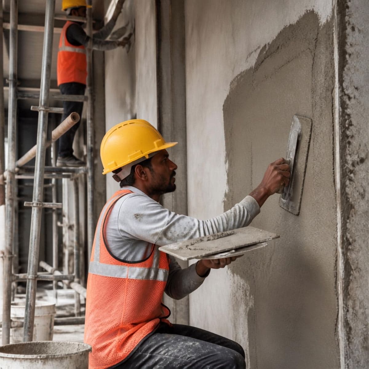 Worker plastering an interior wall from a scaffold