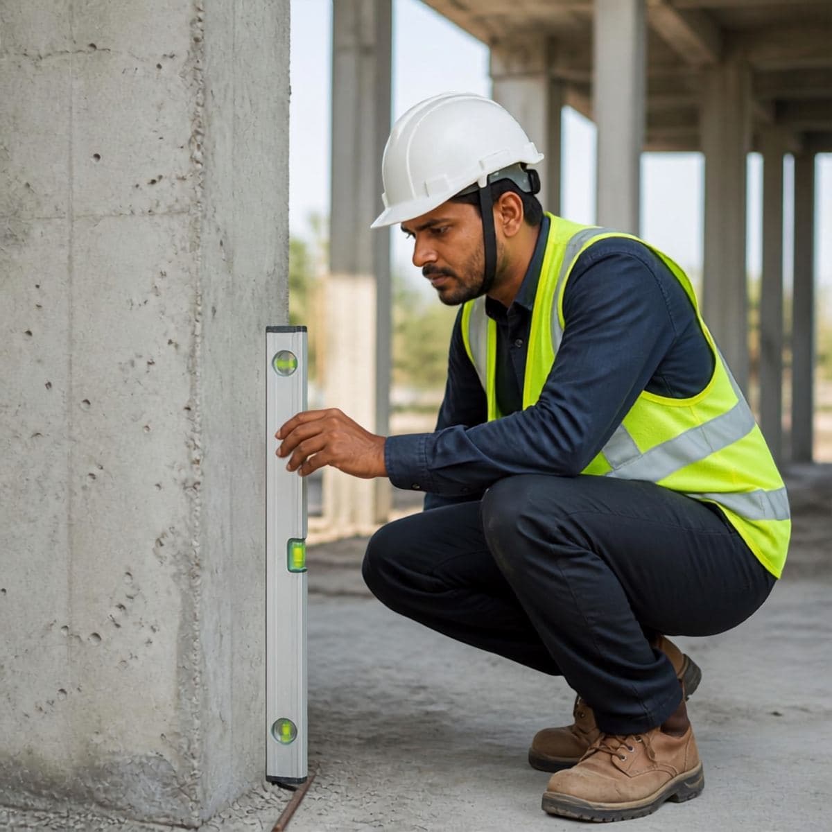 Engineer checking a concrete column with a spirit level