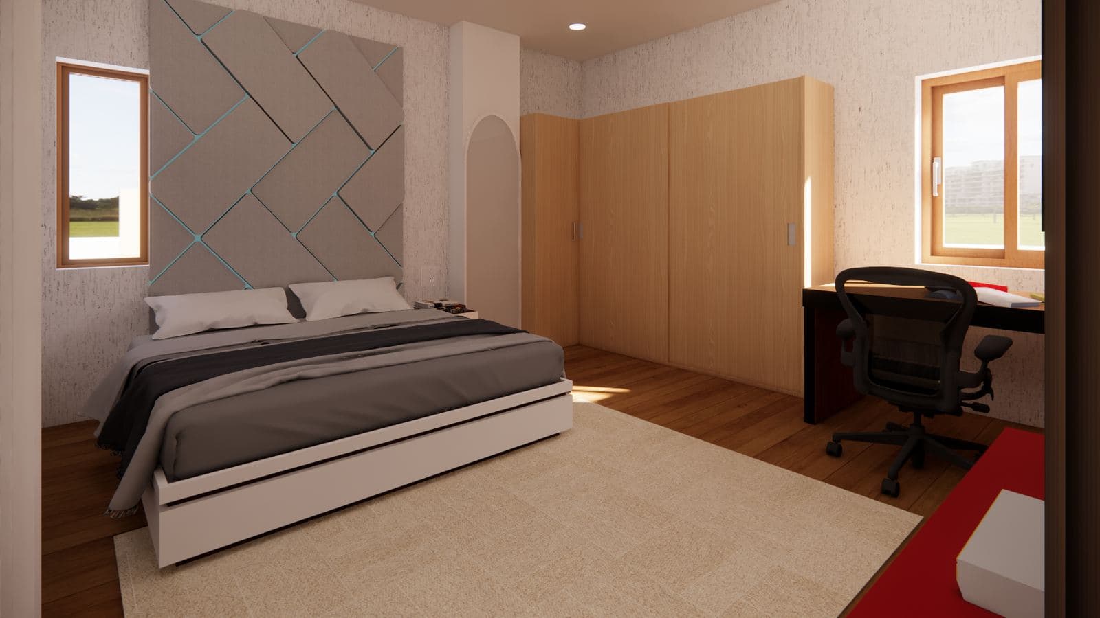 3D visualisation of a bedroom with a panelled headboard wall and built-in wardrobe