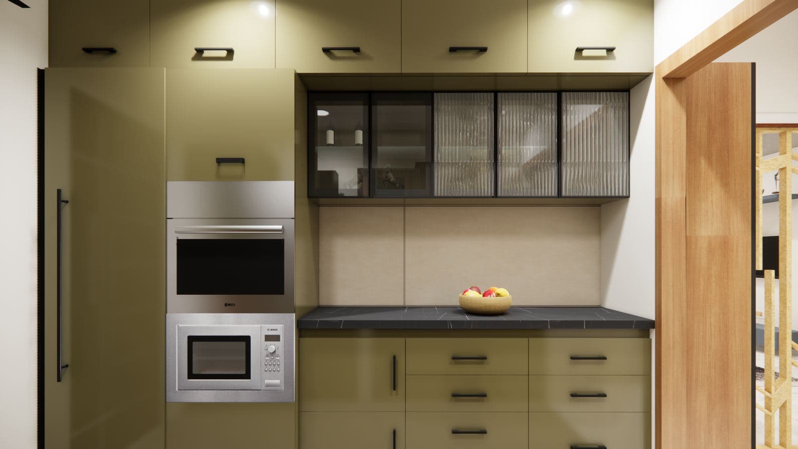 3D visualisation of an olive-green modular kitchen with built-in oven and microwave