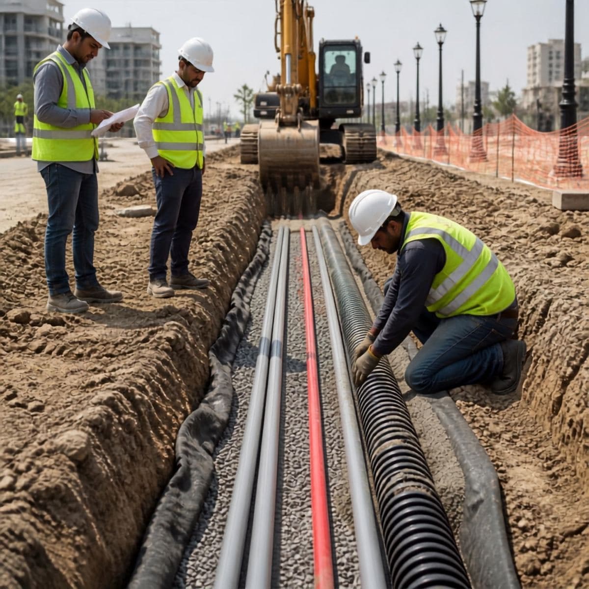 Workers laying cable ducts in a trench