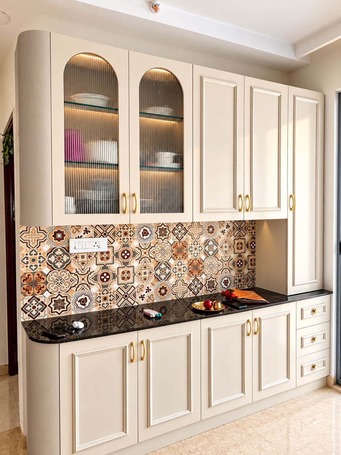 Cream crockery unit with arched glass doors and a patterned tile backsplash