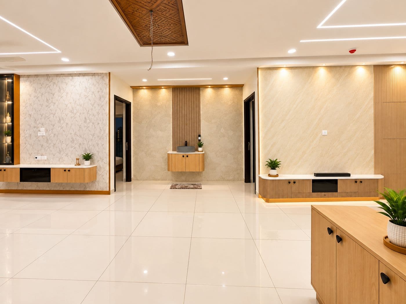 Living area with a feature wall, floating vanity and timber ceiling detail