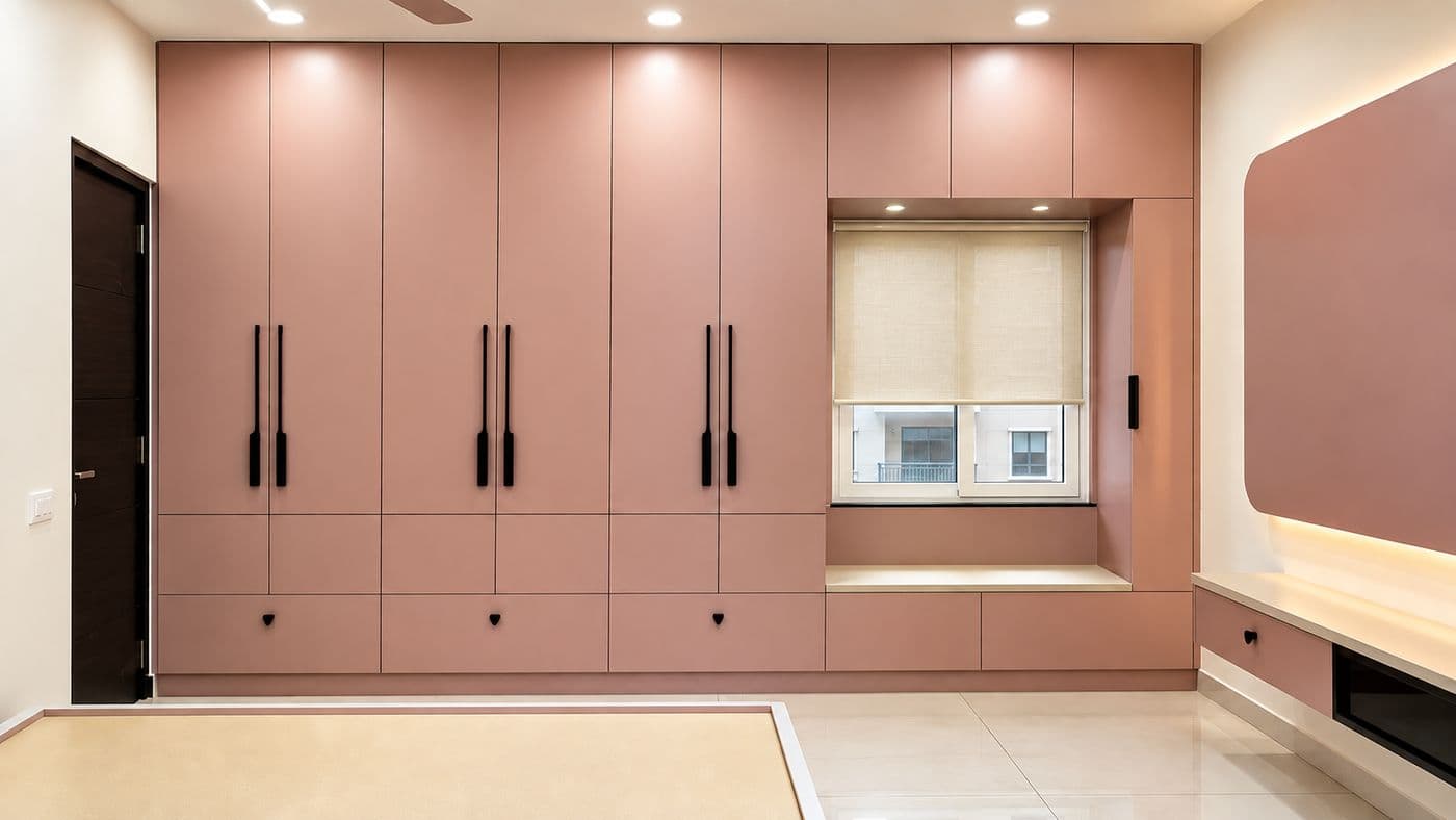 Dusty-pink wardrobe wall with a window seat